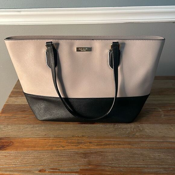 KATE SPADE Laurel Way Medium Dally Tote Bag Warm Beige/Black purse Saffiano Leat